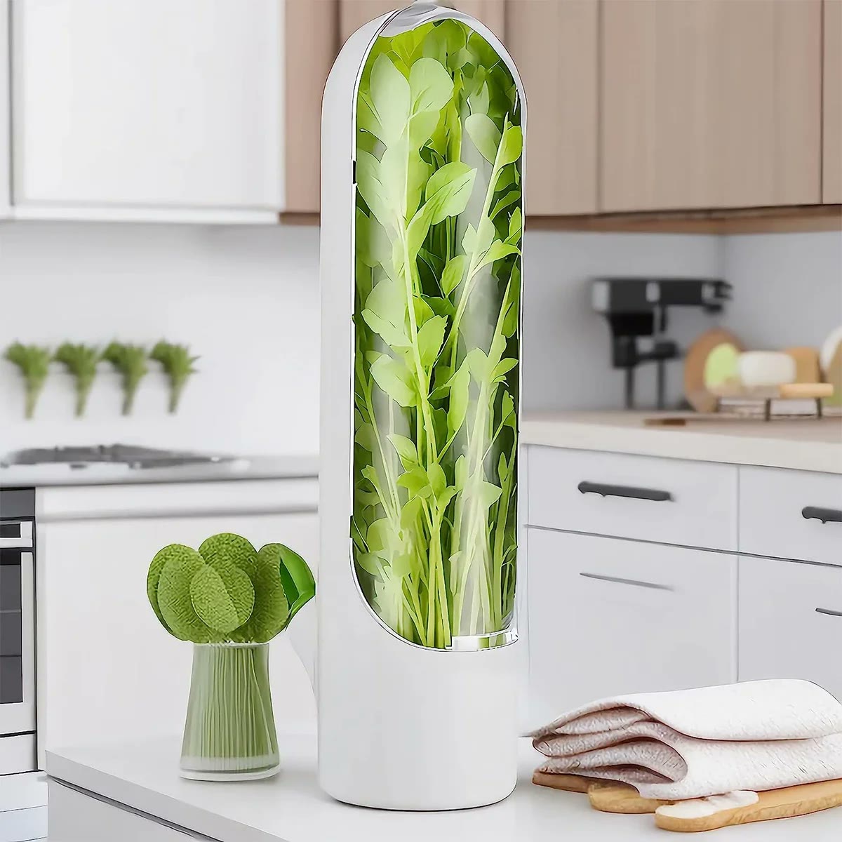 A white herb keeper on a kitchen counter, leafy greens standing upright behind the clear window