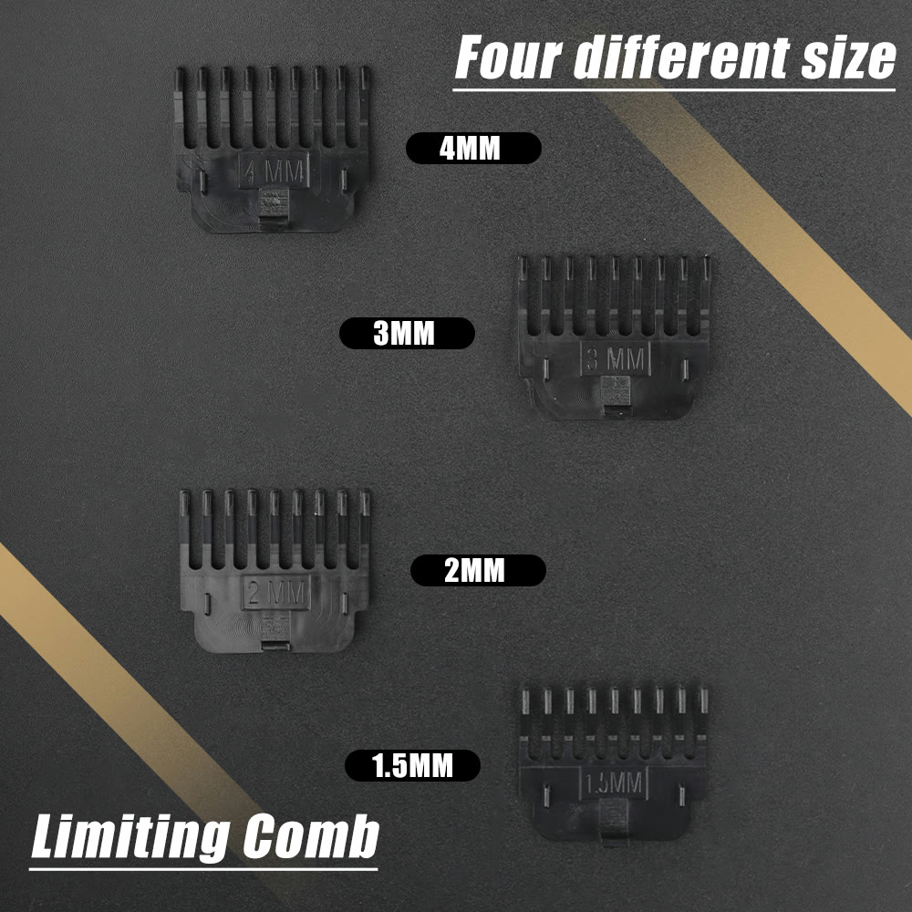 The four guide combs laid out and labelled 1.5mm, 2mm, 3mm and 4mm