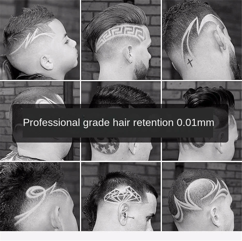 Nine finished haircuts showing the detail lines and patterns the T-blade cuts