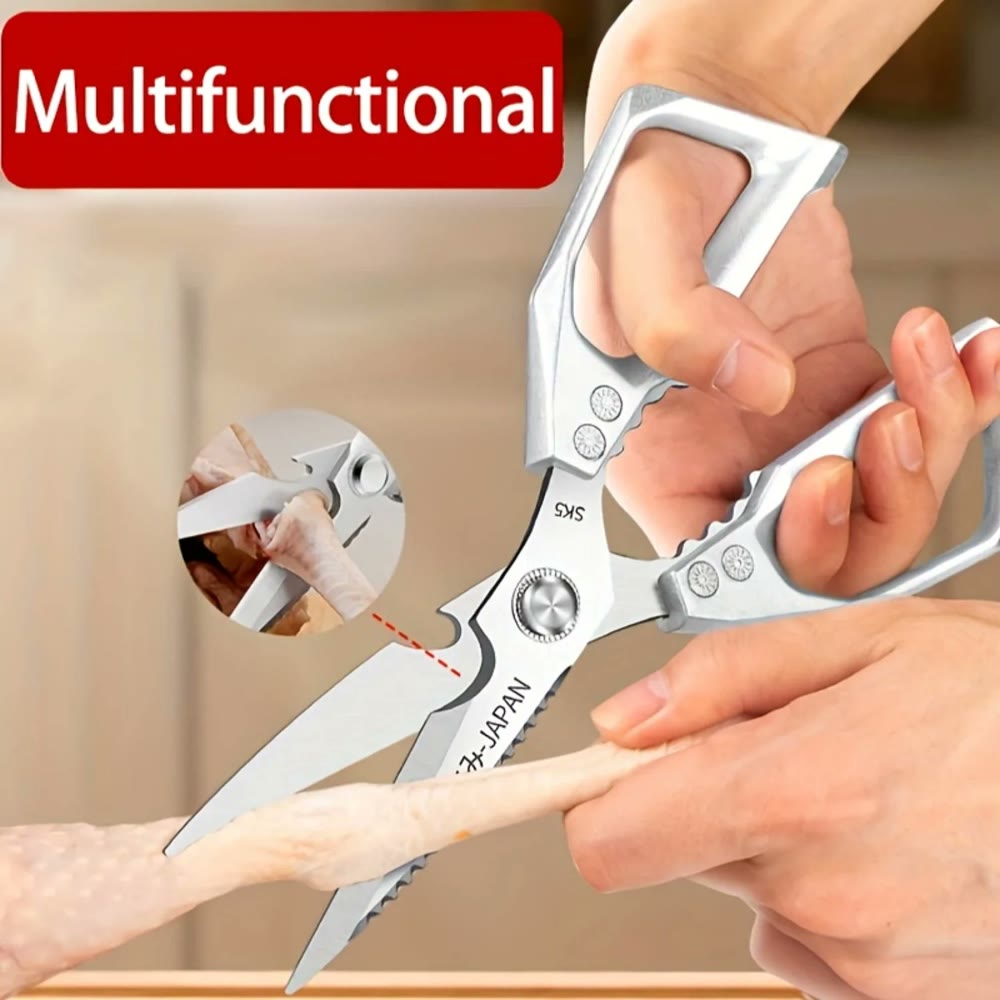 Two hands using the shears to cut through a raw chicken leg, with an inset close-up of the bone notch