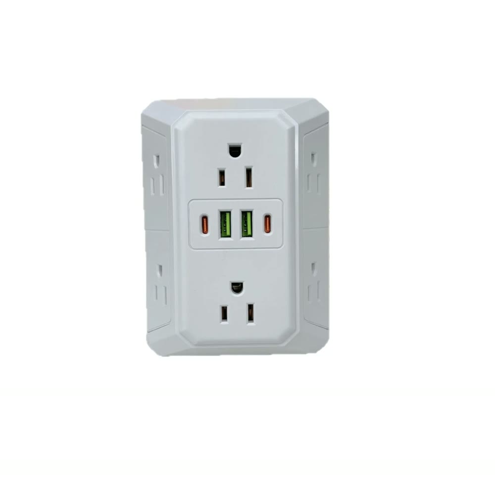 The white extender face-on, two front outlets, four side outlets and four USB ports between them