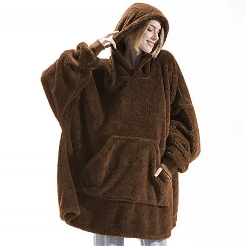 The same hoodie in brown, showing the front pocket and the drop of the sleeves