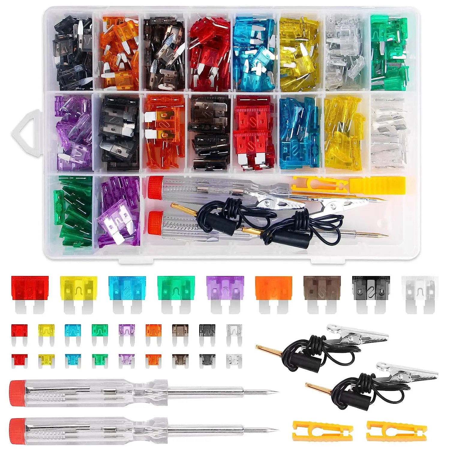 An open compartment case of colour-sorted blade fuses with two testers and two yellow pullers, and the full contents laid out below it