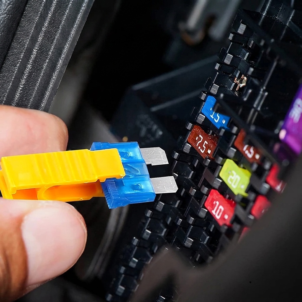 A hand using the yellow puller to lift a blue fuse out of a car fuse box
